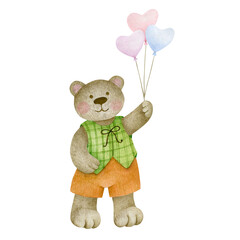 Watercolor bear with balls isolated on white background.