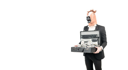 Professional man businessman wear horse head mask holding suitcase with dollar banknotes, money.