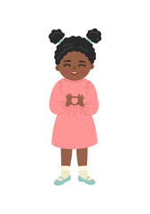 Little african child making heart shape. Cute little girl showing heart sign with hands. Love, kind, charity, generous concept.