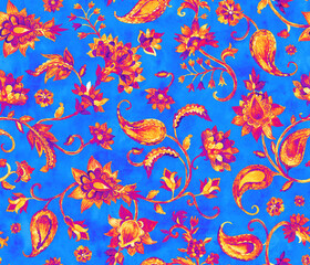 Watercolor hand painted paisley seamless pattern. Whimsical flowers, leaves, brunches, paisley. Oriental illustration. Islam, arabic, indian, spain, turkish, pakistan, ottoman motif. Water color print