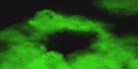 Green toxic smoke fog. Vector realistic illustration of big emerald stink poison clouds, chemical vaporwave or magic green mist. Unpleasant bad smells gas on transparent background