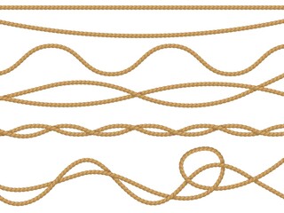 Fiber ropes realistic. Curve nautical rope seamless pattern, cord straight lasso decorative borders retro collection, marine brown jute or hemp twine ornament. Vector 3d isolated vintage set