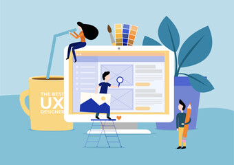 UX UI design concept with character, computer, pictures, and coffee.  Flat vector illustration.