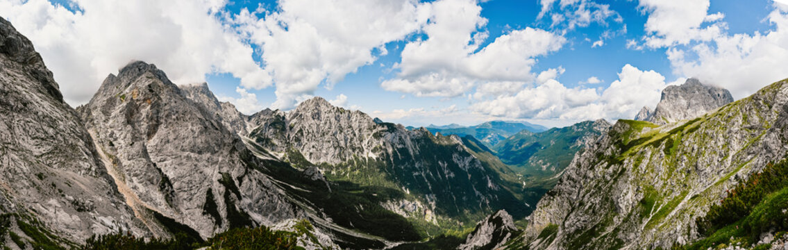 Kamnik saddle in logar valley, Slovenia, Europe. Hiking  in savinja Alps and Slovenia mountain. Popular site for a hike in triglav national park. Panorama, banner.
