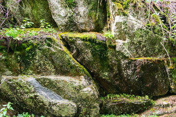 Rocks with moss, old boulders, texture, abstract background