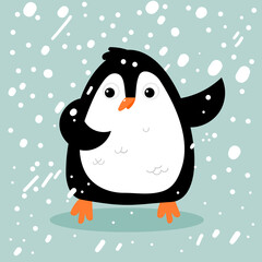 Cute penguin arctic animal vector illustration in cartoon nursery style in a snowfall. Winter art for Christmas. 