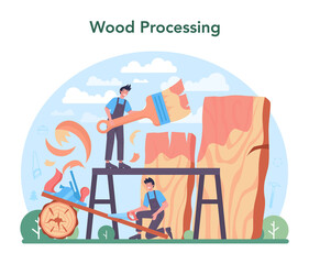 Carpenter concept. Woodworker processing wood-block. Builder working