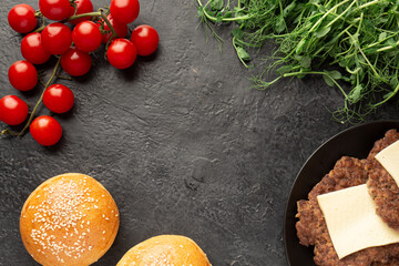 ingredient ready-made hot burger on the cutting board. Flat lay