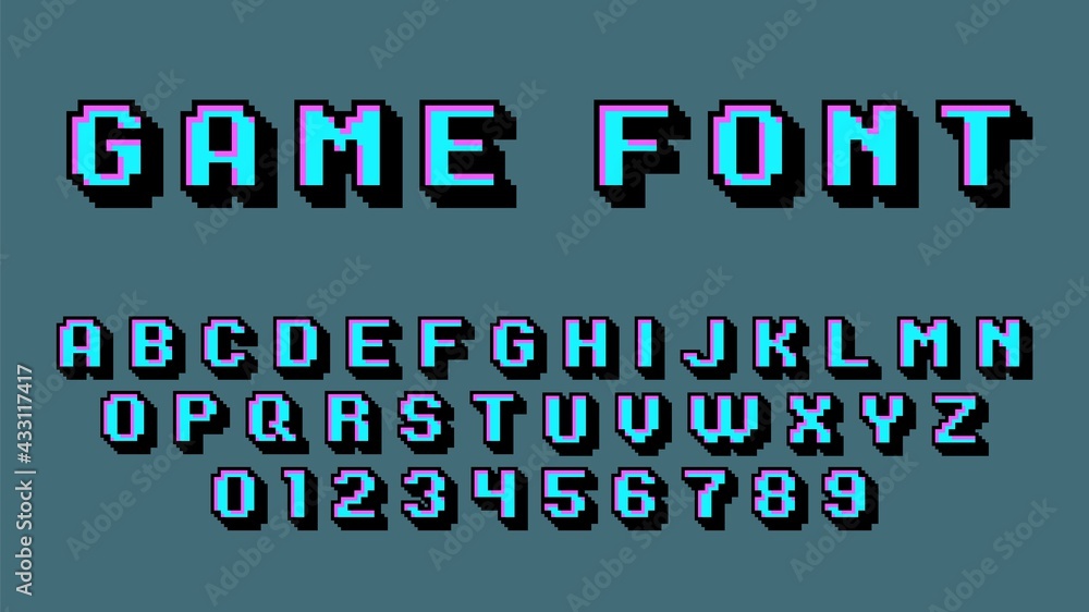 Fototapete pixel art alphabet. retro video game font, 8 bit graphic 80s, old school digital square numbers and 