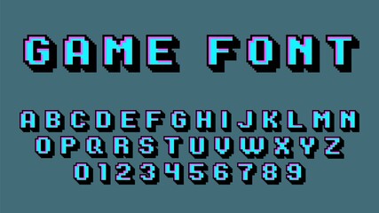 Pixel art alphabet. Retro video game font, 8 bit graphic 80s, old school digital square numbers and latin letters, arcade gaming 90s abc elements. Blue typeface vector isolated set - obrazy, fototapety, plakaty