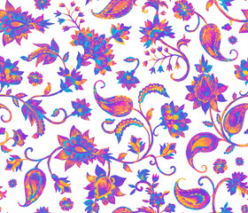 Watercolor hand painted paisley seamless pattern. Whimsical flowers, leaves, brunches, paisley. Oriental illustration. Islam, arabic, indian, spain, turkish, pakistan, ottoman motif. Water color print