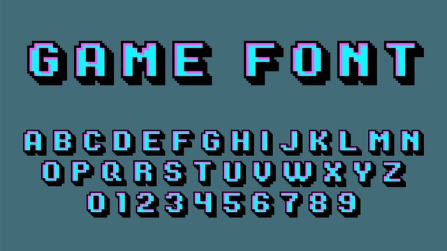 Pixel Art Alphabet. Retro Video Game Font, 8 Bit Graphic 80s, Old School Digital Square Numbers And Latin Letters, Arcade Gaming 90s Abc Elements. Blue Typeface Vector Isolated Set