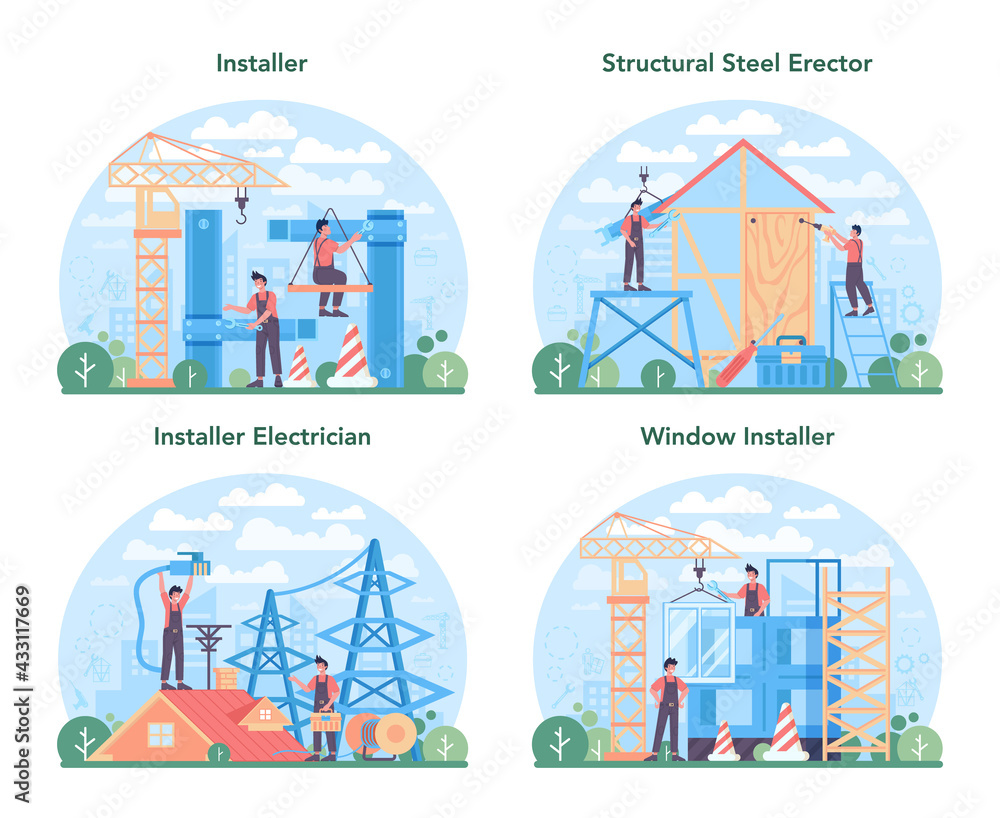 Aufkleber installer concept set. worker in uniform installing constructions.