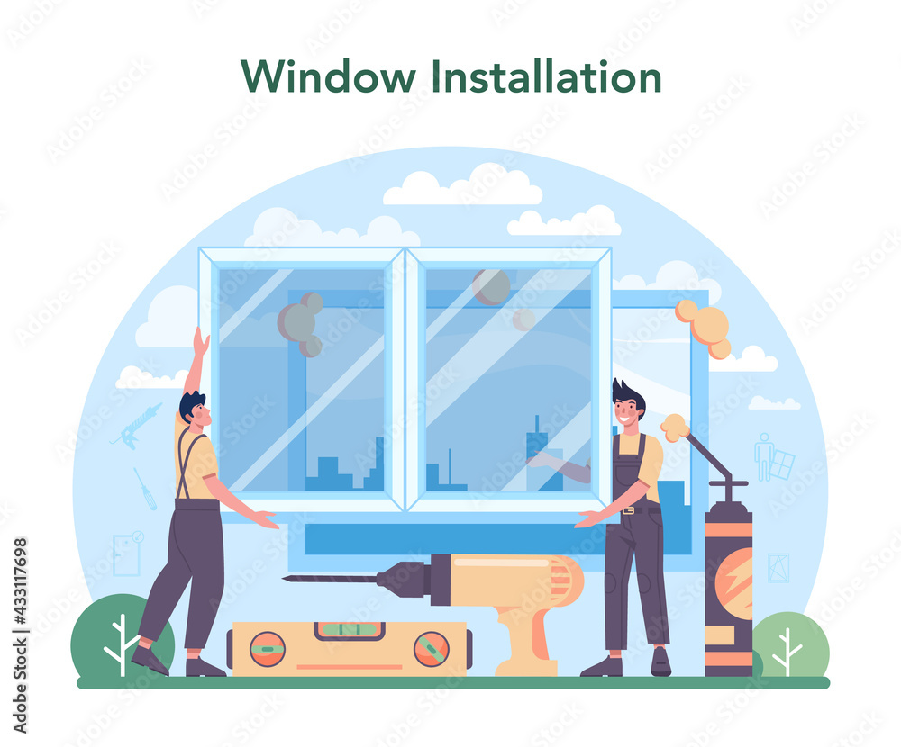 Poster installer concept. worker in uniform installing window and door.