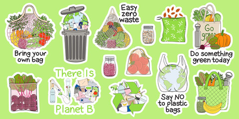 Collection of eco-friendly and zero waste stickers. Concept of prevention of plastic pollution. Ecological lifestyle. Hand drawn vector illustration.