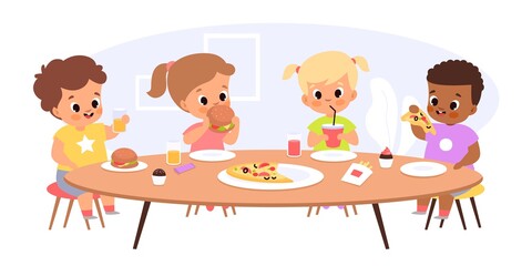 Children eat together. Happy kids sitting common table, junior students have lunch, young friends take fast food and snacks. Hungry boys and girls with hamburgers vector cartoon concept