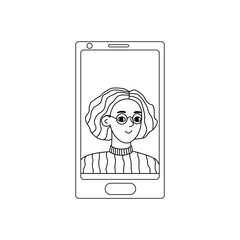 Girl on the phone screen.Simple black outline on white. Illustration of a video call with a young woman, chat online. Hand drawn vector illustration in Doodle style