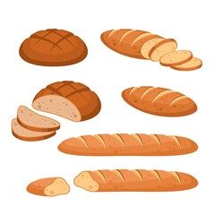Cartoon bread. Bakery wheat products. Rye breads, baguette and ciabatta. Whole and sliced french baguette and loaf, pastry collection, assortment for menus. Vector set isolated on black