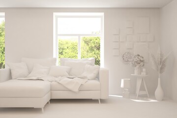 Mock up of stylish room in white color with sofa and green landscape in window. Scandinavian interior design. 3D illustration