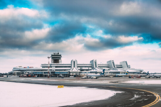 Minsk, Belarus. Aircraft Airlines "Belavia" stand at the Minsk National Airport - Minsk-2 terminal at winter day