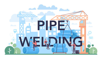 Obraz na płótnie Canvas Pipe welding typographic header. Professional welder in protective mask