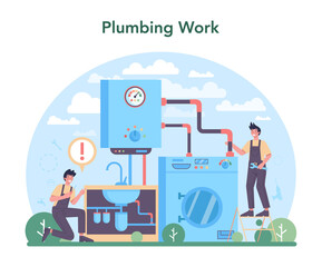 Plumber set. Plumbing service, professional repair and cleaning of bathroom