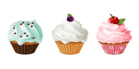 Cupcakes realistic. Homemade dessert sweet with pink and blue icing in paper cups, sugar cakes with cream and berries, delicious food, confectionery colorful vector isolated set