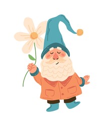 Gnome with flower. Cute garden dwarf in costume and hat. Yard decoration element, fairy tale character, blue and orange colors. Vector isolated on white background illustration