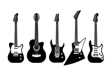 Guitars black and white. Acoustic and electric guitar outline musical instruments, various forms, classic and rock music objects, modern and vintage elements, isolated silhouette vector set