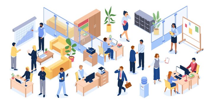 Isometric office people. Business workplace with tables computers and chairs, men and women bank professional team, working open space environment. Corporate teamwork meeting vector set
