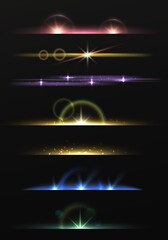 Lens flare shining borders. Realistic lights lines, rainbow glowing dividers, sparkle effects stripes, abstract flash, luminous horizons. Bright colorful glare vector isolated on black set