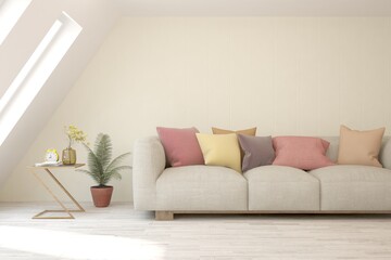 Soft color living room with sofa. Scandinavian interior design. 3D illustration
