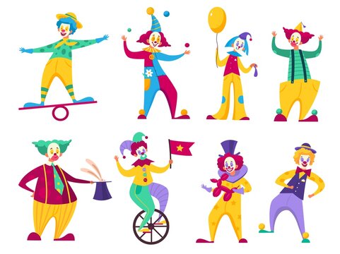 Funny clowns. Circus comedians with colorful costumes collection, various roles cartoon artist character, humorists carnival clothes. Childish birthday performer vector cartoon isolated set