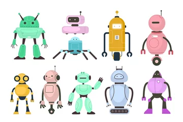 Zelfklevend Fotobehang Robot Robots voor kinderen. Elektronisch speelgoed verschillende configuratie, kinderachtige technologie, mechanische schattige karakterfantasie, vriendelijke mascotte, menselijke studentuitvindingen. Vector cartoon android geïsoleerde set
