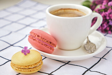 Macaroons on plate on a checkered tablecloth
