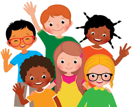 Vector image a group of cheerful hugging children of different nationalities waving their hands in a welcoming manner.