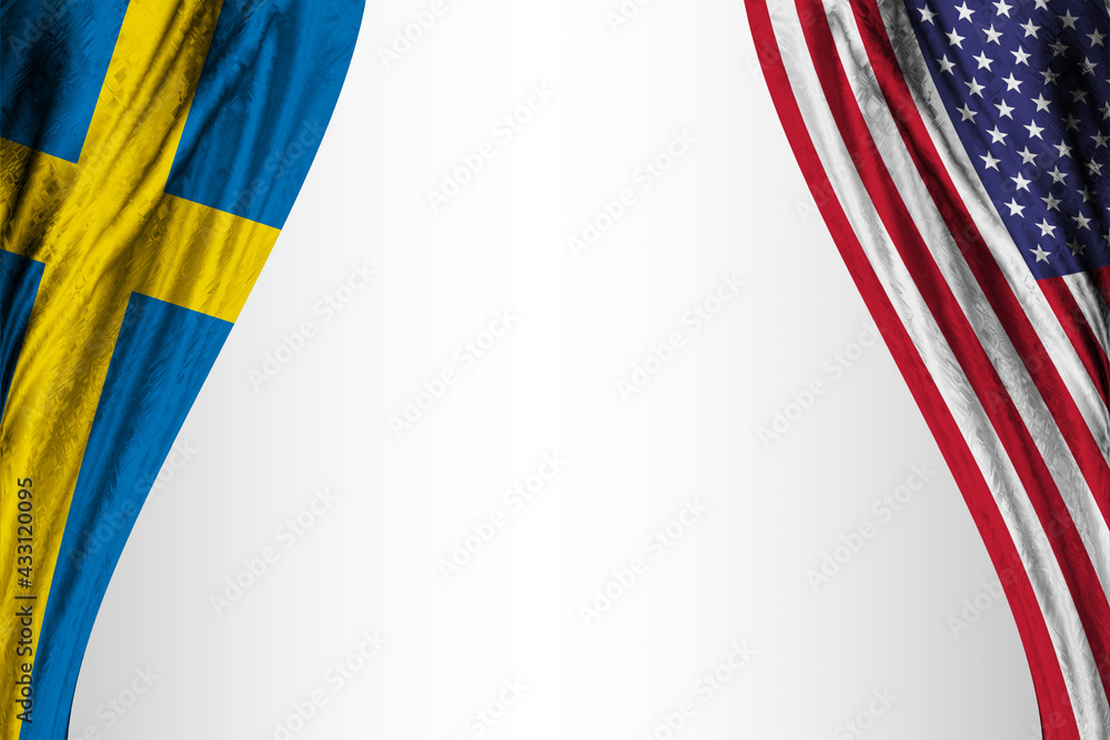 Wall mural flag of sweden and the united states of america with theater effect. 3d illustration