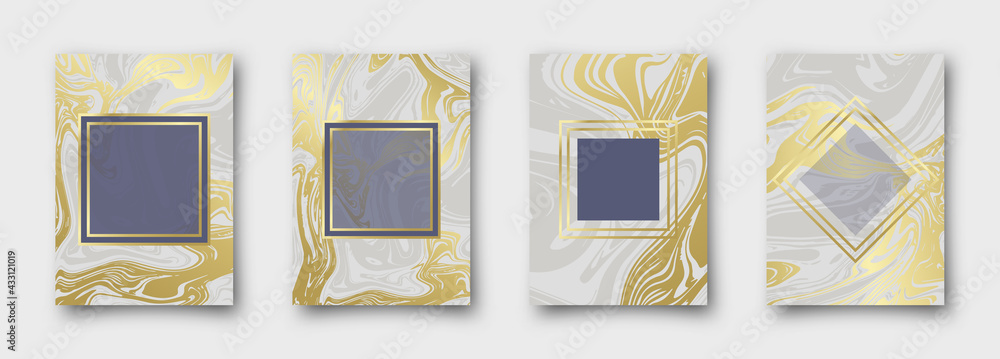 Poster marble with golden texture background vector illustration set. 4 simple delcate templates