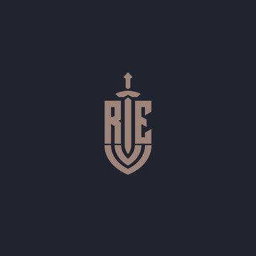 RE logo monogram with sword and shield style design template