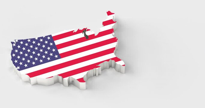 3D render animation. US American map with national flag and silver beveled edges. Falling from above and creating some flying dust on white background  Large copy space and full 4K resolution.