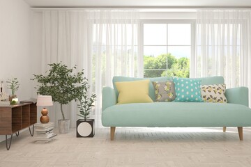 White living room with sofa and summer landscape in window. Scandinavian interior design. 3D illustration