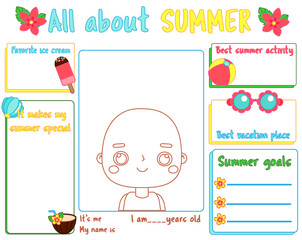All about summer. Writing prompt for kids blank. Educational children page for school break theme
