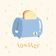 Cute cartoon toasts and toaster, funny breakfast food vector illustration in simple kawaii style. Suitable for fabric, print, card, sticker and design products.