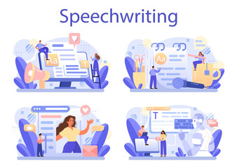 Speechwriting concept set. Professional speaker or journalist write a content