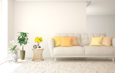 White living room with sofa. Scandinavian interior design. 3D illustration