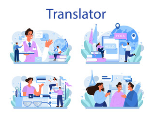 Translator concept set. Linguist translating document, books