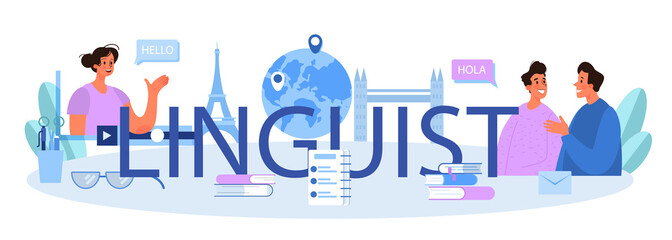 Linguist typographic header. Person translating document, books and speach