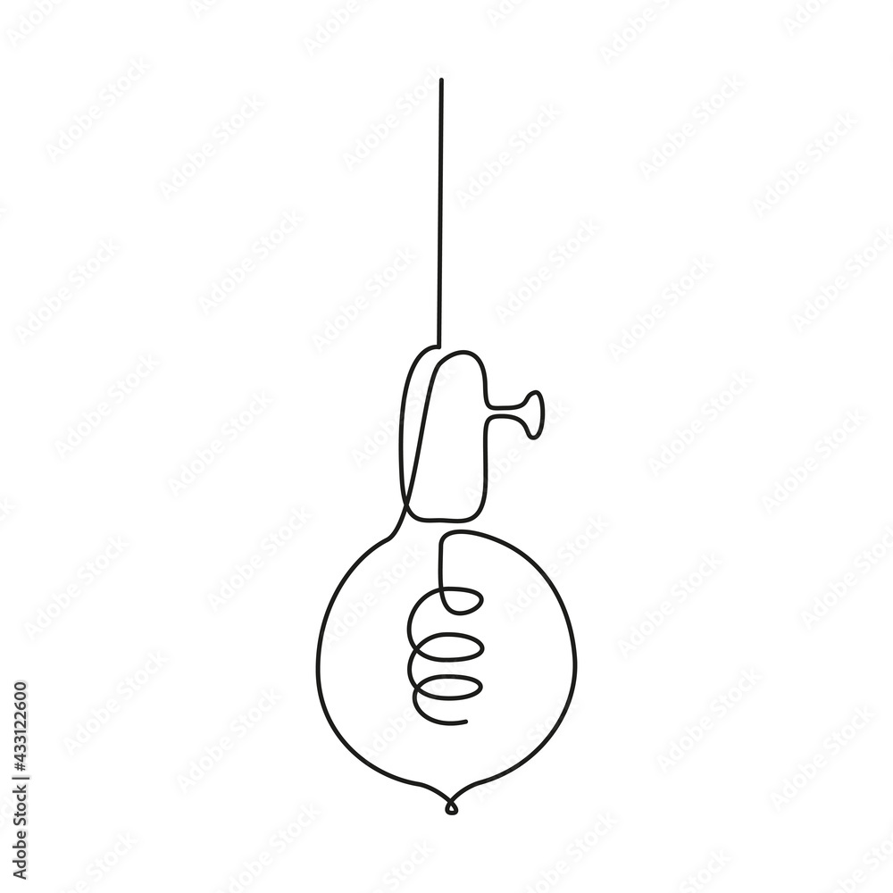 Poster Loft Light bulb in one line drawing. Vector Edison lamp in Doodle style isolated on white background. Editable stroke
