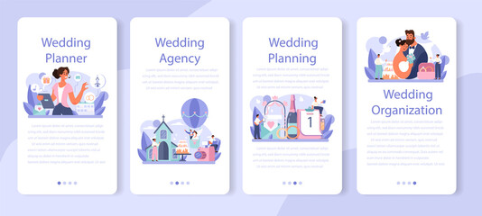 Fototapeta na wymiar Wedding planner mobile application banner set. Professional organizer