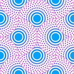 Fototapeta premium Abstract geo dotted vortex fish scale seamless pattern. Ornamental eye tile, mosaic background. Patchwork infinity card. Modern geometric motifs.